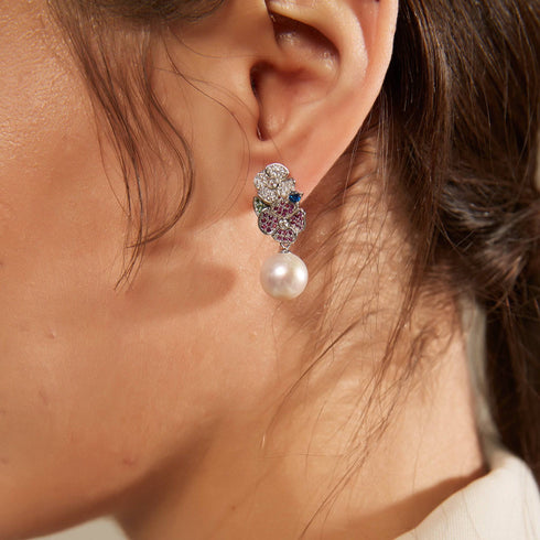 10-11mm Freshwater Pearl & Color Floral Earrings - House Of Pearls